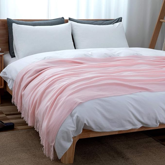 Vonty Pink Knitted Throw Blanket with Tassels Fringe, 50x60 Acrylic | Super Soft And Lightweight, Year-Round Cozy Warmth, Farmhouse Decorative Style, Machine Washable, for Couch, Sofa or Bed