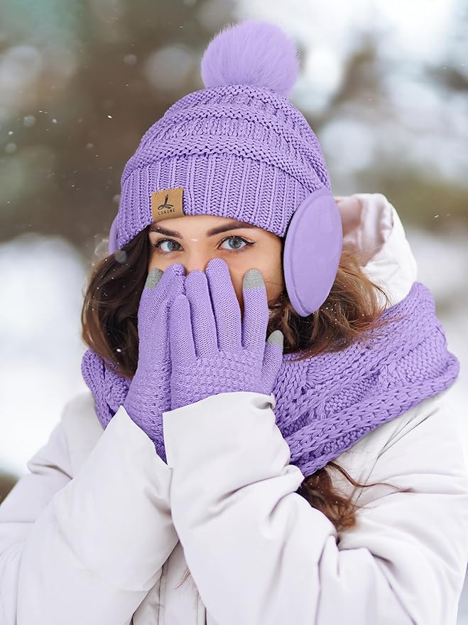 Winter Hat Scarf Gloves and Ear Warmer, Warm Knit Beanie Hat Touch Screen Gloves Set Winter Gifts Neck Scarves for Women