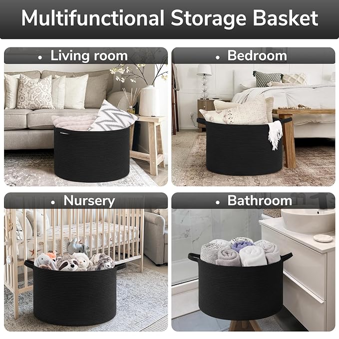 Goodpick 65L Large Woven Rope Basket for Blankets Living Room, 65L | 19.7 x 19.7 x 12.6 In Woven Basket for Storage, Kids Toy Storage for Playroom, Laundry Basket for Towels,Black