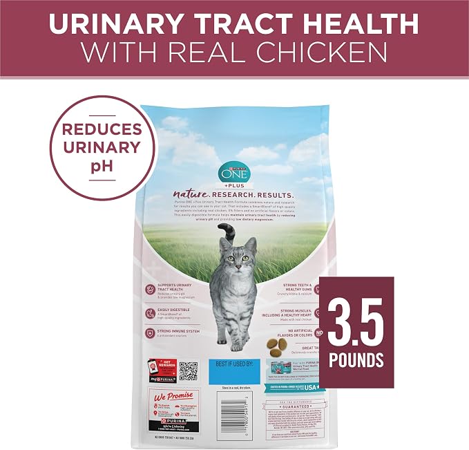 Purina ONE High Protein Urinary Tract Health Dry Cat Food, 3.5 lb Bag | Made with real chicken, no artificial flavors or colors. Low-magnesium formula balances pH and boosts immune defense