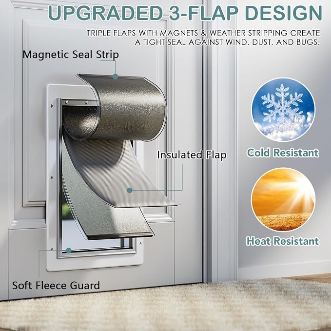 Dog Door for Door, Large Dog Door for Exterior Door with Rust-Proof Plastic Frame & Closing Panel, 3 Magnetic Flaps, Metal Telescoping Tunnel, Pets Up to 100 lb (L)