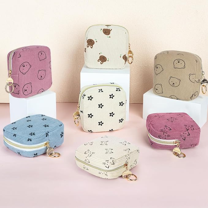 Period Bag for Teen Girls, Corduroy Sanitary Napkin Storage Bag, Menstrual Pad Pouches Tampon Holder for Purse (Bears-Khaki)
