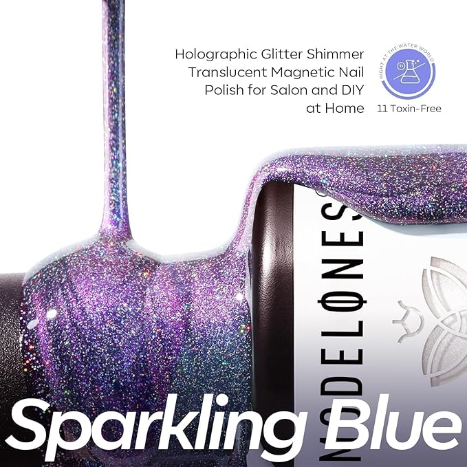 modelones 9D Magnetic Cat Eye Gel Nail Polish, Holographic Blue Purple Rainbow Shimmer, 15ML UV LED Soak Off Gel Manicure Design - Reflective Top Coat for Women & Girls