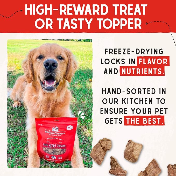 Stella & Chewy's Freeze-Dried Raw Beef Heart Dog Treats - Single Ingredient, No Additives - Premium Training Treats - Perfect for Picky Eaters - 3oz Bag