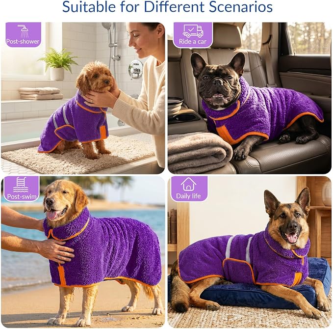 Bienbee Dog Bathrobe, Super Absorbent for Small to Large Dogs, Purple M | Dog Robes with Soft Fleece, Warm & Cozy, Adjustable Fit, and Quick Drying Coat for Baths Swimming and Grooming
