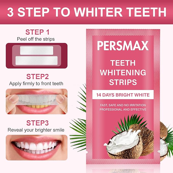 PERSMAX Teeth Whitening Strips for Sensitive Teeth Enamel Safe Smile Whitening Kit, 28 Strips 14 Treatments, No-Slip Remove Coffee Wine Smoking Stains Professional