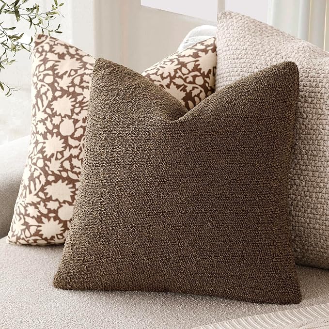 Foindtower Pack of 2 Textured Boucle Throw Pillow Covers Accent Solid Pillow Cases Cozy Soft Decorative Couch Cushion Case for Chair Sofa Bedroom Living Room Home Decor 18x18 Inch Chocolate