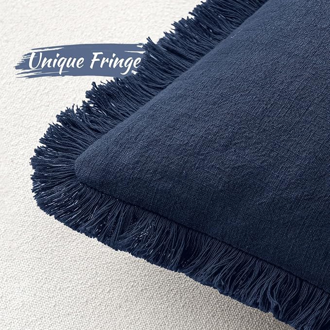 MIULEE Linen Fringe Decorative Euro Throw Pillow Covers Dark Navy 24x24 | Set of 2, Cottagecore Decor, Boho Farmhouse Coastal Pillow Covers, Rustic Couch Cushion Cases for Sofa Bed Living Room