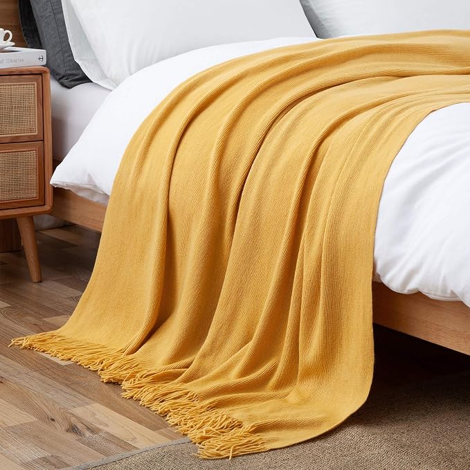 Vonty Mustard Yellow Knitted Throw Blanket with Tassels, 50x60 Acrylic | Super Soft And Lightweight, Year-Round Cozy Warmth, Farmhouse Decorative Style, Machine Washable, for Couch, Sofa or Bed
