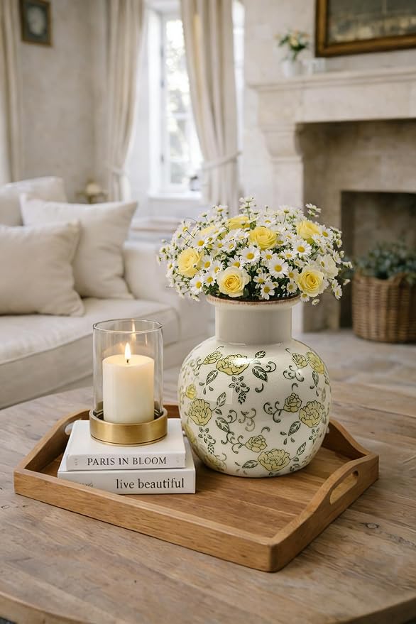 SIDUCAL Ceramic Vintage Vase, 5.91 Inch Retro Ice Cracked Chinoiserie Floral Vase, Rustic Farmhouse Vases for Home Decor, Bookshelf, Garden, Chinoiserie Decor, Tuscan Decor, Yellow Rose Pattern