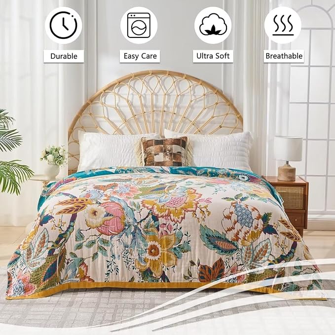 Boho Throw Blanket Farmhouse Decor Throw Blanket Bohemian Blanket for Bed 100% Cotton Muslin Woven Couch Blanket All Seasons Quilt Bedroom (C-Beige, 80"x90")