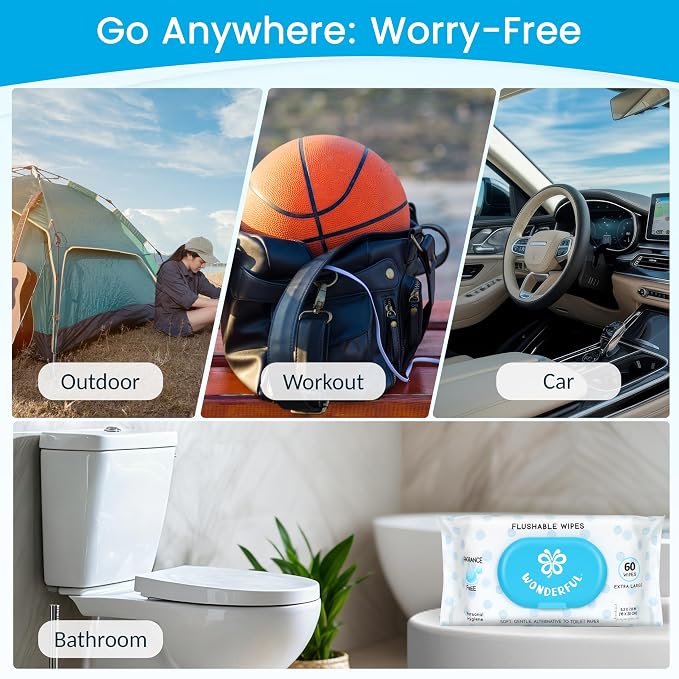 WONDERFUL Flushable Wipes, Unscented 100% Plant-Based Wet Butt Wipe for Adults & Kids, Sewer Septic Safe, Gentle for Sensitive Skin, Wipes Flushable Pack for Bathroom & Travel, 6-Pack (360 Count)