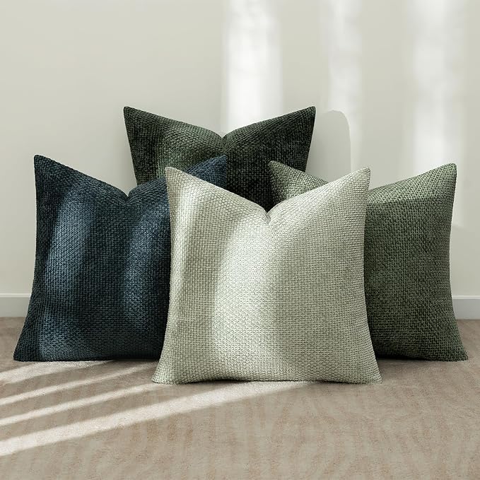MIULEE Decorative Chenille Euro Pillow Covers Green Navy 22x22 Pack of 4 | Nordic Home Decor, Moody Green–Navy Set, Couch Throw Pillows, Farmhouse Boho Cushion Covers for Sofa Bed Living Room