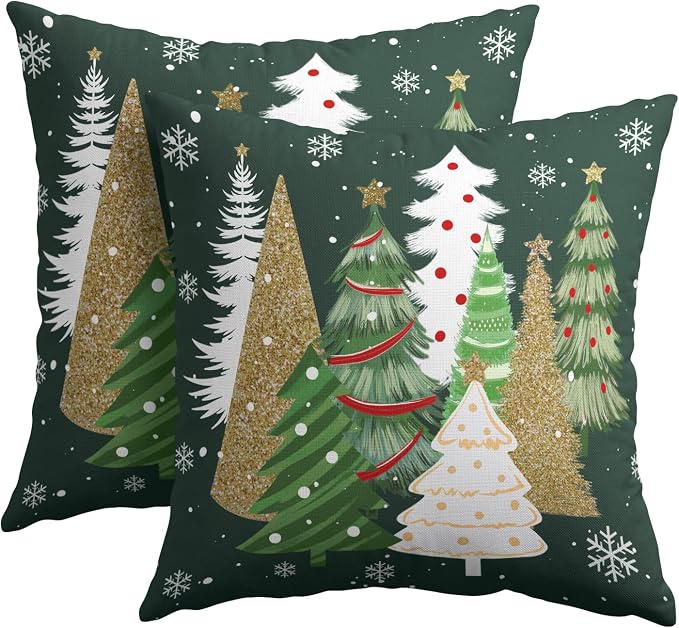 Kawani Christmas Tree Throw Pillow Covers 16x16 Inches Pack of 2 Gold Green Xmas TreesCotton Linen Square Pillow Couch Sofa Cushion Case with Hidden Zipper for Winter Holiday Home Decor