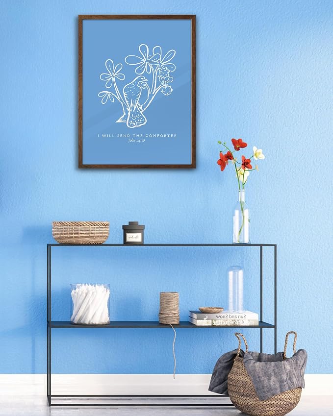 EcoHest 12x16 in John 14:16 I Will Send The Comforter Christian Wall Art | Walnut Color Solid Oak Frame， Canvas Wall Art, Bible Verse Holy Spirit Floral Decor for Bedroom, Living Room, Office, 1Pack