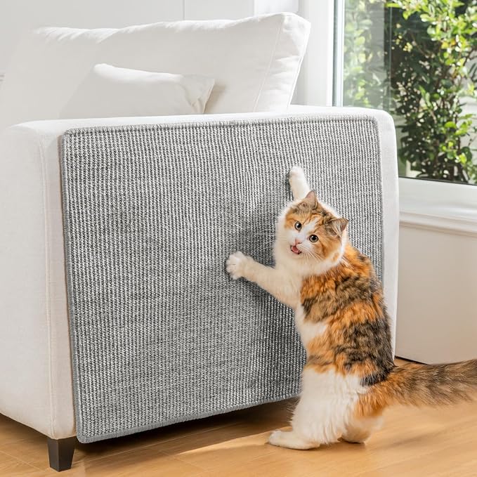 Conlun Cat Scratching Pad, 23.6x31.5in Sisal Mat Couch Protector | Indoor Cat Scratcher Mat, Mess-free, Anti-slip Backing, Hook&Loop Tape for Furniture Door Wall, Grey