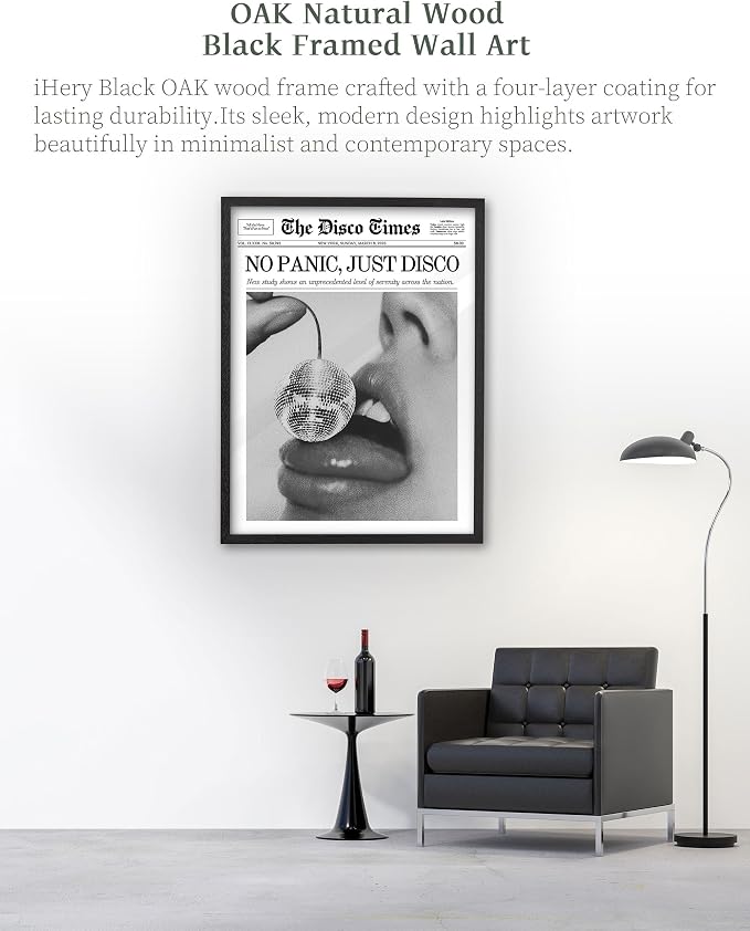 iHery 16x20in No Panic Just Disco Black Framed Newspaper Wall Art | Premium Black Natural OAK Wood Frame with Canvas Print, Retro Disco Ball Decor for Bedroom, Girl Dorm, Living Room 1Pack