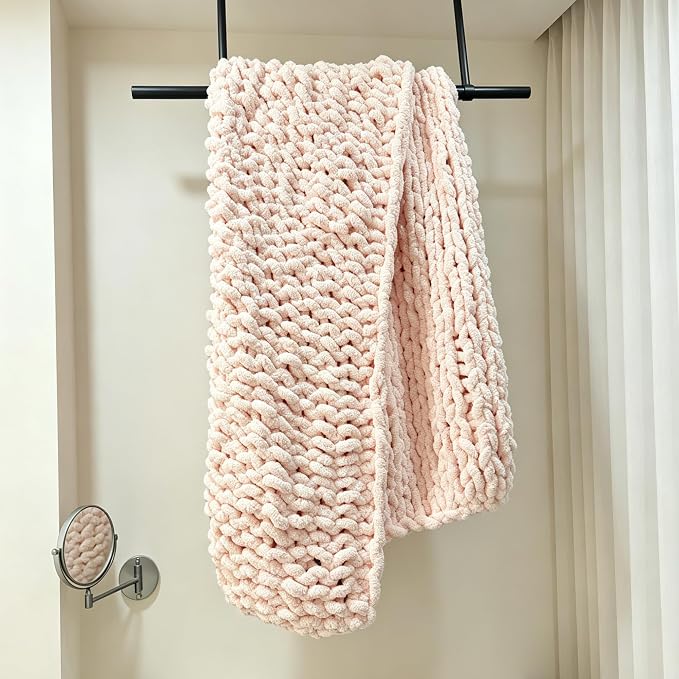 Soft Chunky Knit Throw Blanket for Couch, Cozy Warm Knitted Blankets | Hand Knit with Jumbo Chenille, Lightweight Warm Fluffy Decor for Women, Mom, Her & Girls, Sofa, Chair, Bed, 48"×71" (Pink)