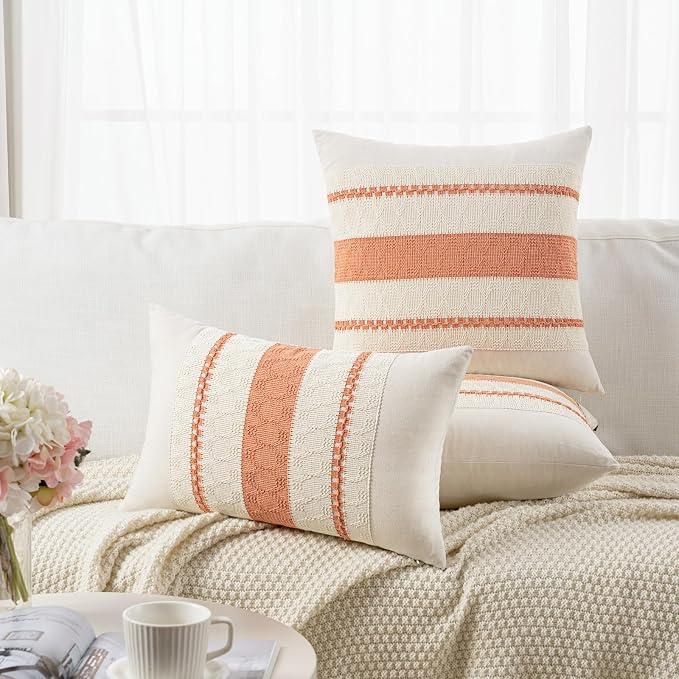 Fancy Homi Set of 1 Boho Coral Decorative Throw Pillow Cover 22x22 Inch for Couch Bed Sofa, Aesthetic Modern Organic Farmhouse Home Decor, Soft Cotton Cute Accent Macrame Woven Cushion Case