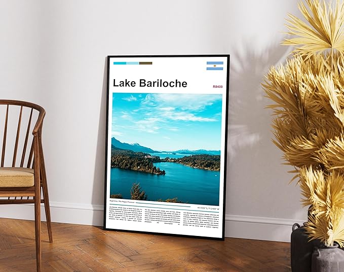 Poster Lake Bariloche Wall Art Original Design(36"x24" Metal Frame) Argentina Patagonia Landscape Print Andes Mountains Nature Scenery Nahuel Huapi Glacial View South America Travel Home Decor