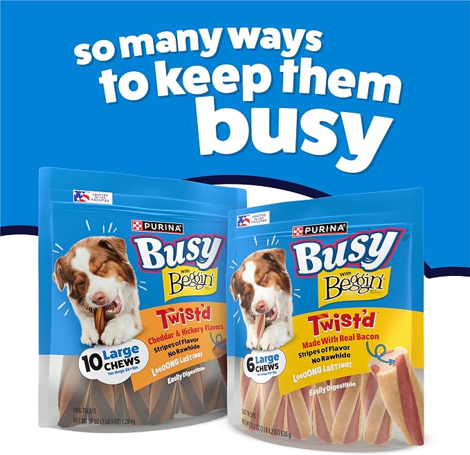 Purina Busy with Beggin Twisted Large Dog Treats, 10 ct Pouch | Cheddar & Hickory Smoke Flavor dog chew, long-lasting, rawhide free with real meat, for large dogs 35 lbs up