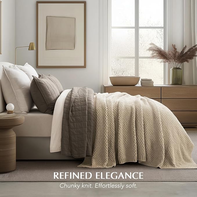 EVERGRACEHOME Chunky Chenille Knit Throw Blanket, 108x92, Sand Dune | Sculpted Moss Stitch, Chic Modern Farmhouse, All-Season Warmth, OEKO-TEX® Certified, Oversized King for Couch, Bed, Sofa