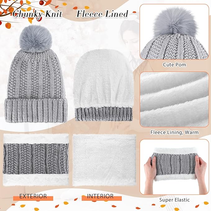 SATINIOR 5 Pcs Winter Hat Scarf Gloves Set Fleece Warm Lined Knit Beanie Hat Touch Screen Earmuff Gloves Warmer for Women(Grey,Classic Style)