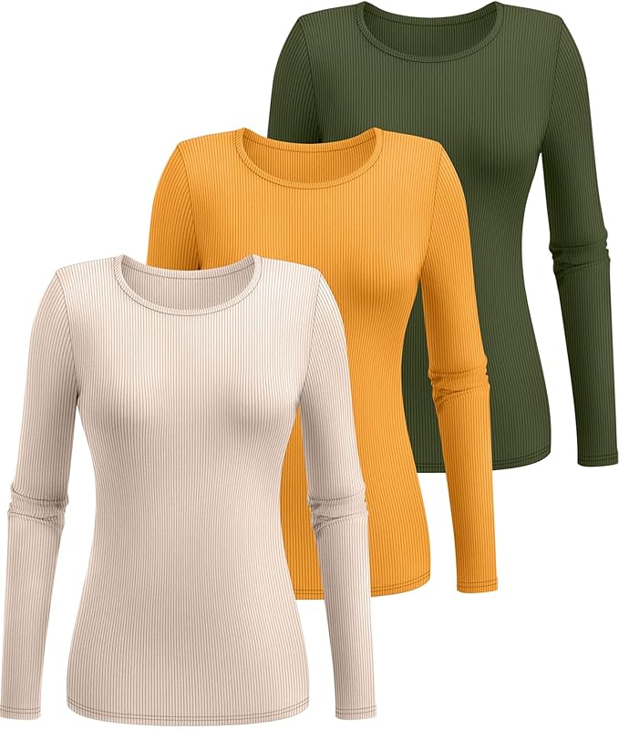 Ficerd 3 Pack Women's Ribbed Long Sleeve Tops, Crew Neck Slim Fit Undershirts Knit Basic Casual Stretch Layering Tee Shirts