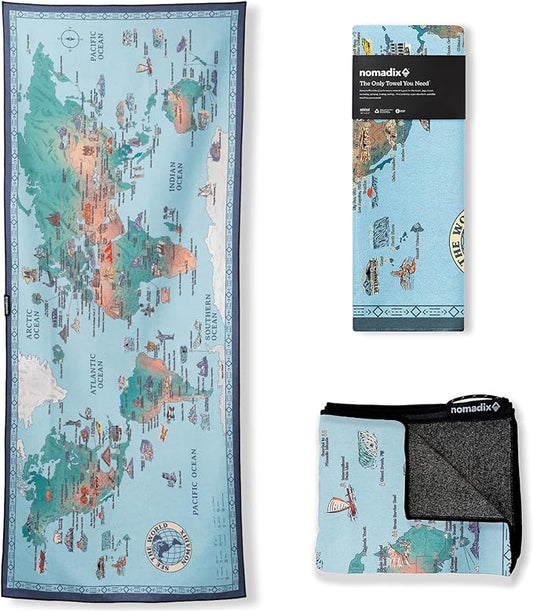 Nomadix Original Towel – Fast-Drying, Ultra-Absorbent, Sand-Resistant & Made from Recycled Materials - World Map - 72.5" x 30"