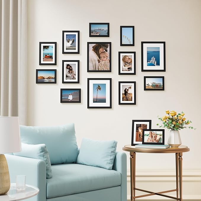 Vittanly 15 Pack Picture Frames Collage Wall Decor, Wall/Tabletop Display | Black, Multi-Size Gallery Wall Frame Set: 3pcs 8x10, 6pcs 5x7, 6pcs 4x6. Picture Frame Set for Family