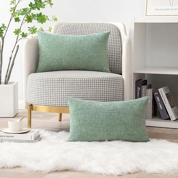 MIULEE Chenille Lumbar Throw Pillow Covers Greyish Green 12x20 Pack of 2 | Soft Modern Home Decor, Classic Decorative Pillows, Solid Dyed Cases, Boho Couch Cushion Covers for Sofa Bed Living Room