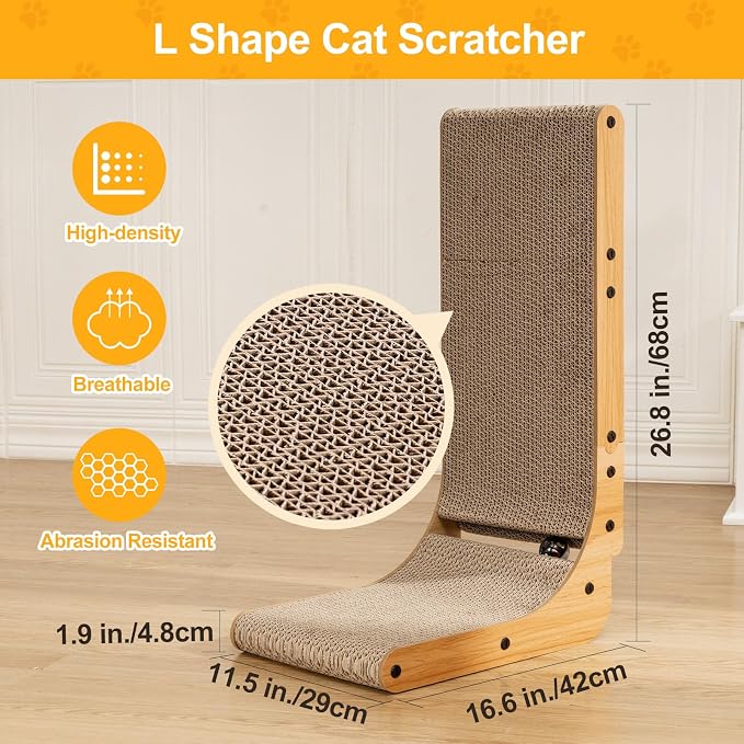 Poils bebe L Shape Cat Scratcher, 26.8 Inch Cat Scratchers for Indoor Cats | Protecting Furniture Cat Scratch Pad, Cardboard Cat Scratching with Ball Toy, Catnip, Large