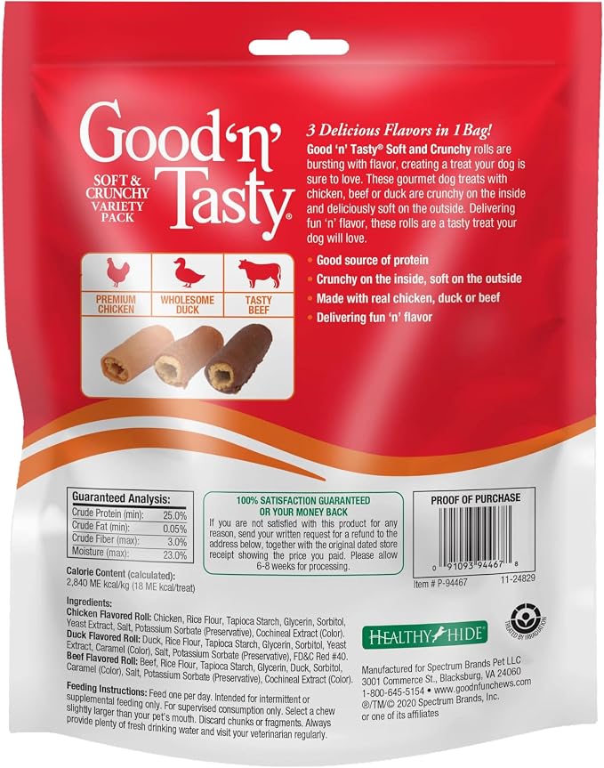 Good 'n' Tasty Soft & Crunchy Roll High Protein Dog Treat, 8 oz | Premium Chicken, Duck or Beef, Real Protein is the #1 Ingredient, No Artificial Flavors or Colors Added, For Adult Dogs