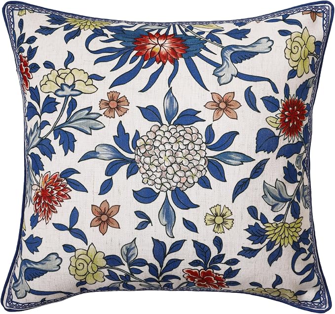 patdrea Designer French Vintage Linen Throw Pillow Cover,18"x18"-Ivar A | Decorative Pillow Cover,Blue and White Floral Pattern,Pillow Case for Couch Living Room Bedroom Sofa Outdoor