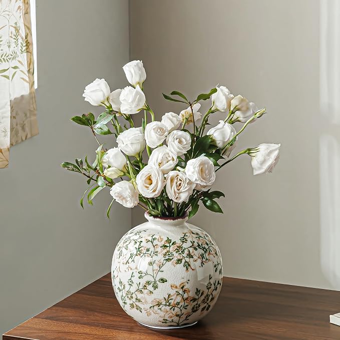 Ceramic Flower Vase for Home Decor, Vintage Green Decorative Vase 5.9 Inch | Rustic Farmhouse Floral Vase for Bookshelf, Coffee Table, Living Room, Kitchen, Mantel, Entryway, Wedding Centerpiece