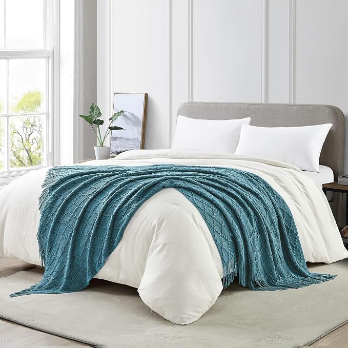 BOURINA Teal Throw Blanket 50 x70 Inch Jacquard Throw Knitted Blanket | Jacquard Argyle Throw Textured Solid Soft Throws and Blankets for Sofa or Bed Knitted Decorative Blanket