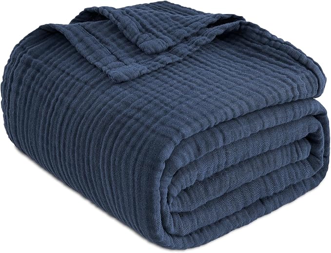 EMME Muslin Blankets for Adults Throw Blanket for Couch Breathable Gauze Soft Lightweight Airy Navy Twin 60" x 80"