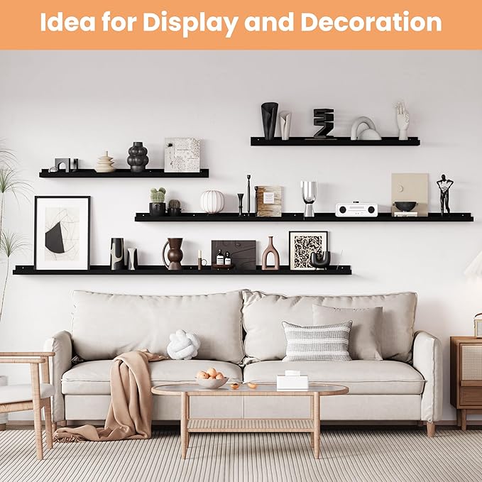 upsimples Floating Shelves for Wall Decor and Storage, Black, 6Pcs 47.3'' | Wall Mounted Wood Shelves for Living Room, Bedroom, Kitchen, Office, Hallways Display and Organize Photos