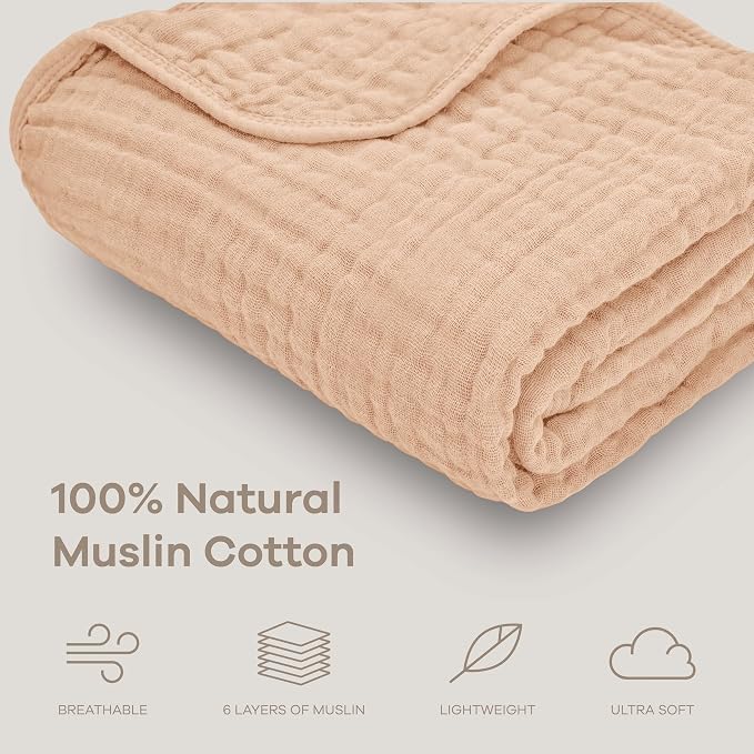 Comfy Cubs Muslin Baby Blanket 40" x 40" L - Swaddle Blankets, Cream | Soft, Lightweight, 6-Layer Cotton Breathable Baby Blankets - Comfortable, Gentle & Versatile Cotton Baby Blankets for Sleep