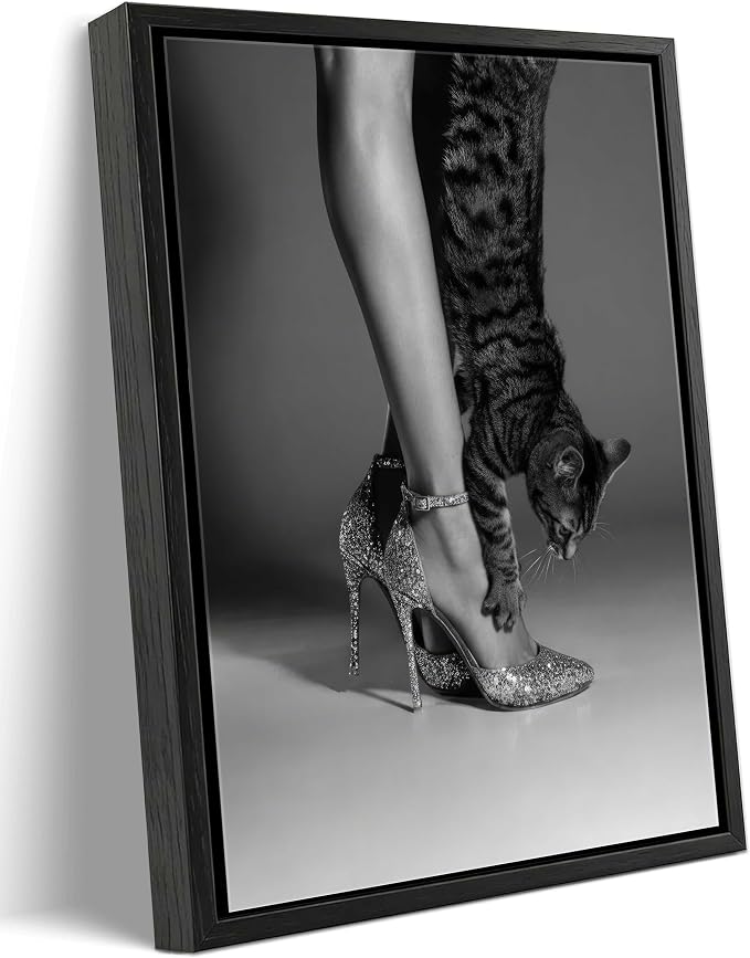 Framed Black and White Fashion Canvas Wall Art Trendy Women High Heels Cat Picture Wall Decor Luxury Feminist Poster Print for Girl Bedroom Dorm Party Bar Cart Home Decoration 12x16in
