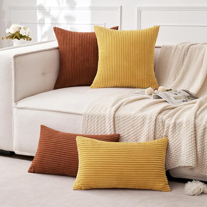 MIULEE Fall Decorative Corduroy Throw Pillow Covers Set of 2 16x16 Gold | Soft Striped Textured Cushion Cases, Boho Rustic Square Pillowcases Neutral Home Decor, for Couch Chair Sofa Bed Living Room
