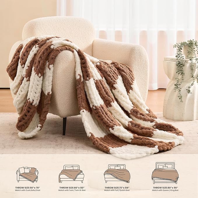 L'AGRATY Chunky Knit Throw Blanket for Couch 60 x 80 Inches Brown Checkered | Handmade Chenille Crochet Blanket for Sofa Bed, Thick Cable Knitted Blankets for Room Home Decor, Birthday Gift for Women Mom