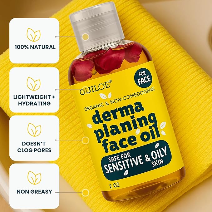 Dermaplaning Oil for Women - Face Shaving Oil for Oily Skin - Non Comedogenic, Fragrance Free, Organic, Natural and Lightweight - Use with Dermaplaning Tool for Face, 2oz by Ouiloe