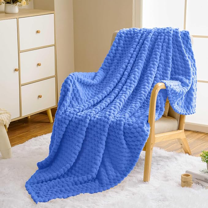 Vessia Flannel Fleece Throw Blanket(50x70 inch), 3D Jacquard Blue Fuzzy and Warm Blanket for Couch,Sofa,Bed,Chair, 300GSM Super Soft Touch Cozy Lightweight Throw for All-Season Home Decor