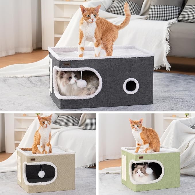 Garnpet Cat Bed for Indoor Cats Cube House, Covered Cat Cave Beds & Furniture with Scratch Pad and Hideaway Tent, Cute Modern Cat Condo for Multi Small Pet Large Kitten Kitty, Khaki