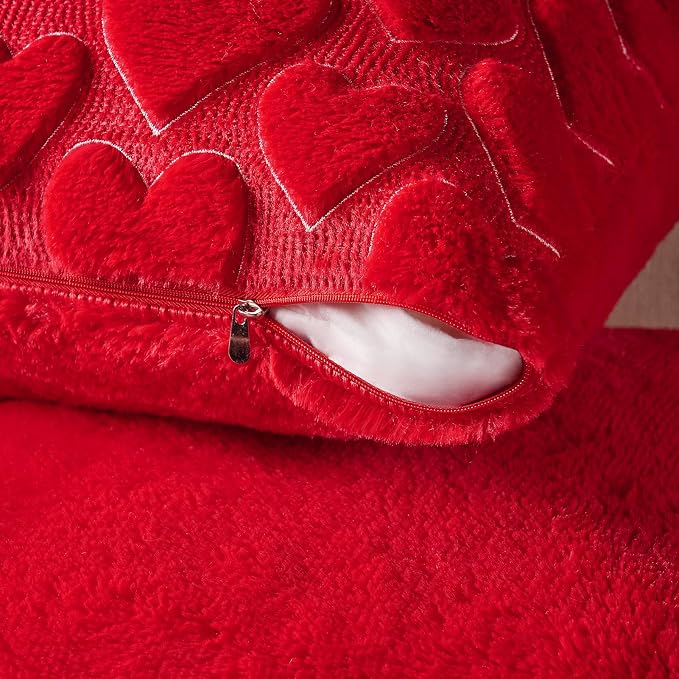 Softalker Red Heart Pillow Covers 18 x 18 Inch Set of 2, Mother's Day Decorative Soft Faux Fur Cushion Covers, 3D Embroidered Pillow Cases for Spring Summer Home Decor