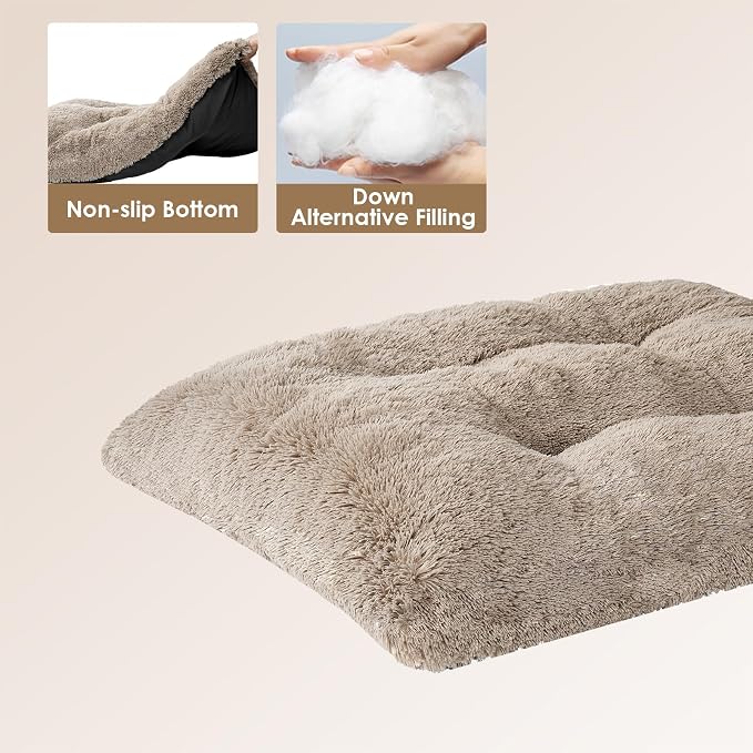 EHEYCIGA Fluffy Dog Crate Bed for Large Dogs, Plush Faux Fur Pad, Taupe | Calming Anti Anxiety Large Dog Crate Bed, Washable Soft Warm Mat with Non-Slip Bottom