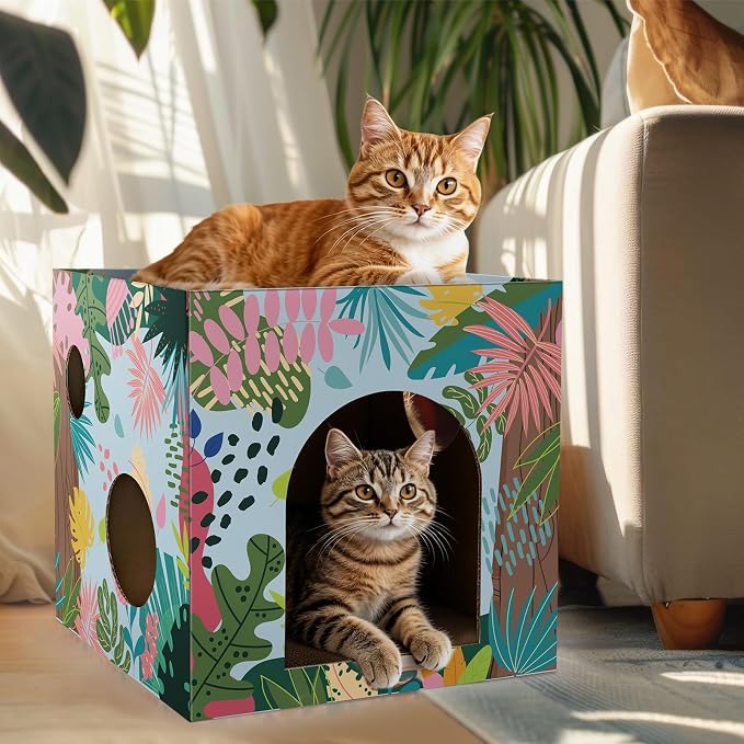 Cinrobiye Cardboard Cat House with 2 Pcs Scratching Pad，Pet Hideaway Cave Board Bed Playhouse Condo Box Decor Small Animals Scratcher Bed for Indoor Cats Kittens Rabbits Bunny