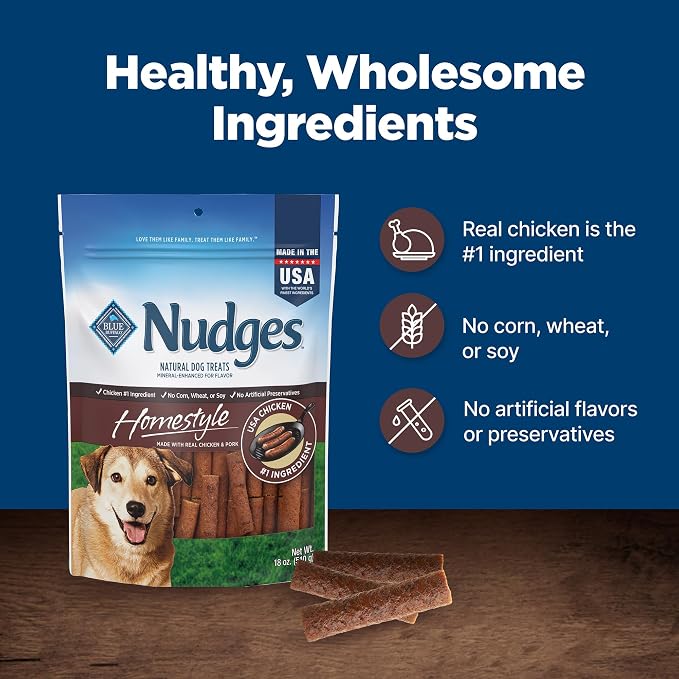 Blue Buffalo Nudges Homestyle Chicken & Pork Dog Treats, 18 oz | Real Chicken First, Generous Chewy Cuts, Made in the USA, No Corn, Wheat, or Soy