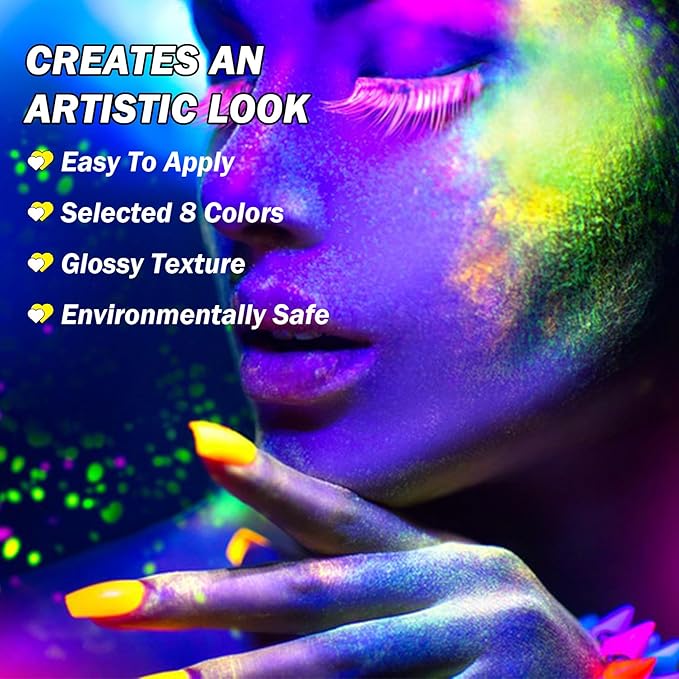 8 Colors Neon Face Paint Glow in The Dark UV Blacklight Body Paint Professional Water Activated Face Paint for Adults Kids Halloween Makeup